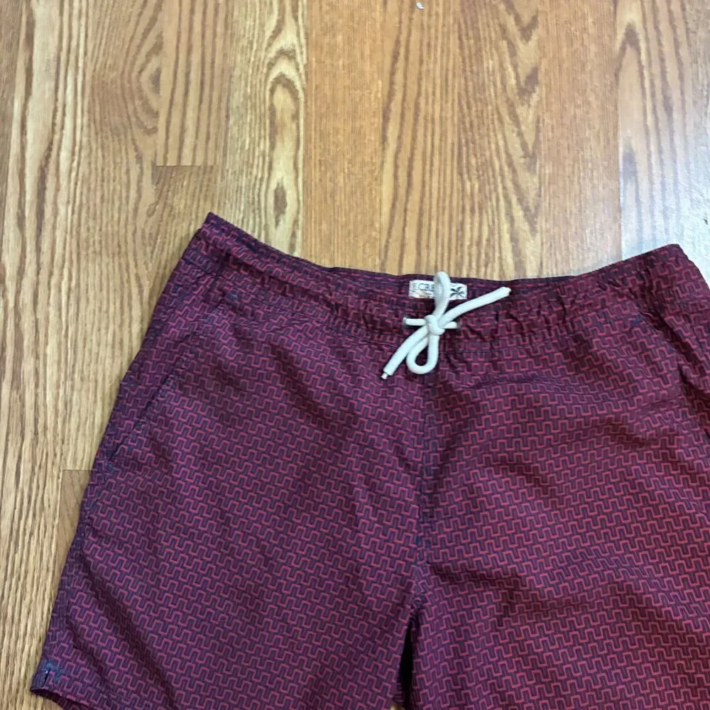 J.Crew Men’s S 6” Stretch Swim Trunks Red Blue Geometric Print Soft-Lined Vaca
